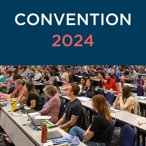 Text reading "convention 2024" on top of an image of delegates sitting at long tables in a meeting hall.