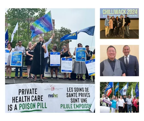 Four photos of Kane; from top right: group at BCFED conference; Kane Tse and Manitoba Premier Wab Kinew; then two photos of a rally for public health care. 