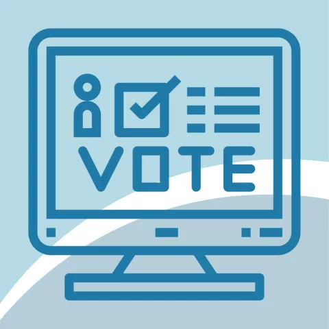 An illustration of a computer monitor displaying the word "Vote"