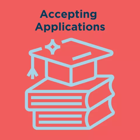 A coral coloured square with a simple graphic of a pile of textbooks and a grad cap, along with the text "accepting applications"