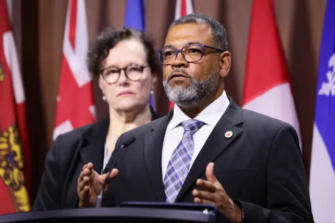 Canadian Health Coalition Chairperson Jason MacLean and Communications Director Anne Lagacé Dowson announce the launch of the campaign to keep U.S.-style health care out of Canada, August 31, 2026.