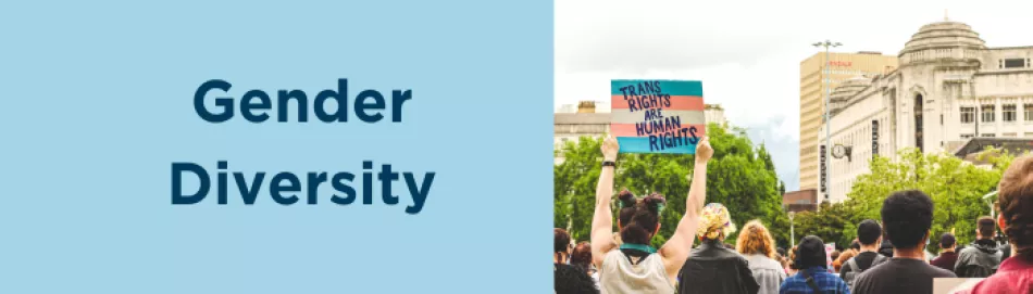 Gender diversity. Person at a protest holding a sign that says "trans rights are human rights"