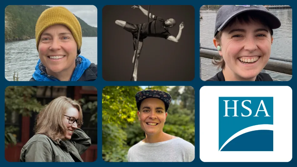 An image showing HSA’s Gender Diverse Committee. Top row, left to right: Jules Adam, Kevin Taki, and Court Reynolds. Bottom row, left to right: Pamela Reid and M Letourneau. In the bottom right there is an HSA logo.